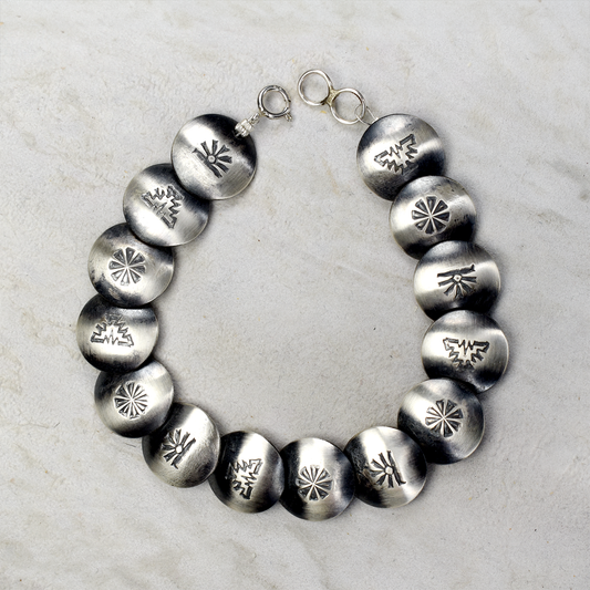 Hand-Stamped Tribal Symbol Sterling Silver Pillow Bead Bracelet