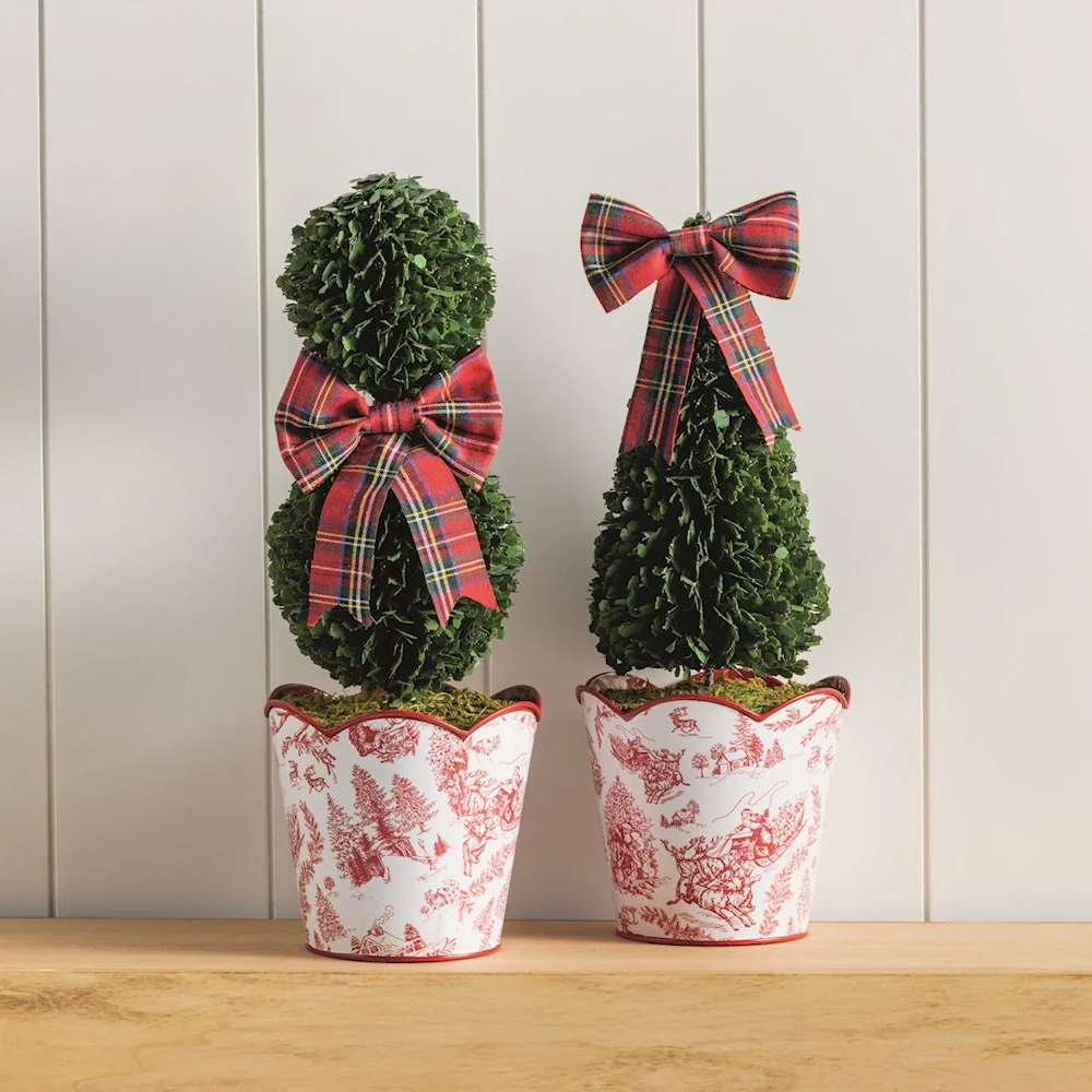 Holiday Toile Faux Boxwood Topiary with Tartan Bow