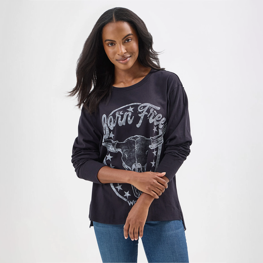 Wrangler Women's Born Free Graphic Long Sleeve Relaxed Tee - Black