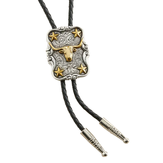 Antiqued Silver with Gold Longhorn & Stars Bolo