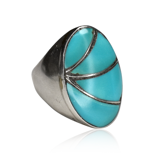 Radial Spirit Sleeping Beauty Turquoise Inlay Oval Ring by Norman Lee