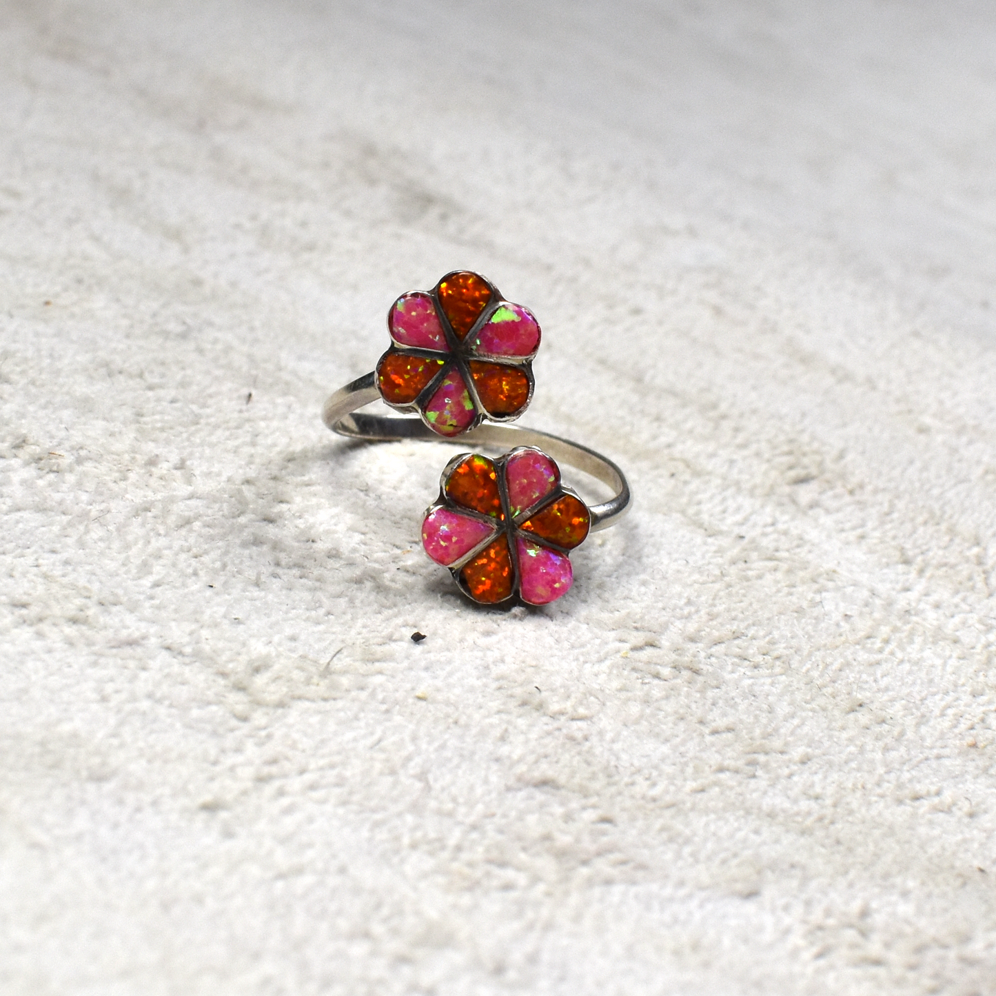Adjustable Pink and Orange Opal Double Daisy Ring