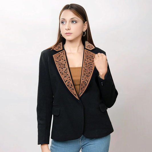 Women's Black Blazer with Tooled Leather Collar