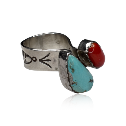 Of Two Worlds Sleeping Beauty Turquoise and Coral Split Shank Ring by Delbert Secatero