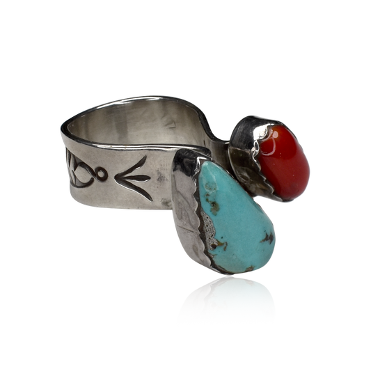 Of Two Worlds Sleeping Beauty Turquoise and Coral Split Shank Ring by Delbert Secatero