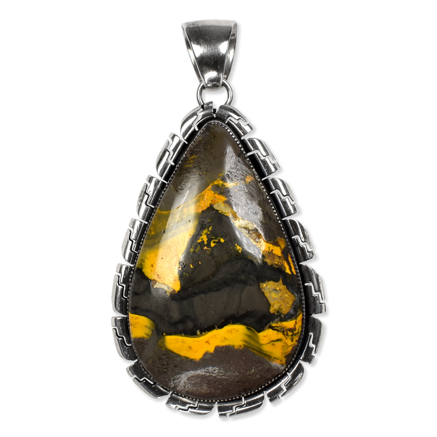 Bumblebee Jasper Teardrop Pendant with Geometric Tooled Silver Border