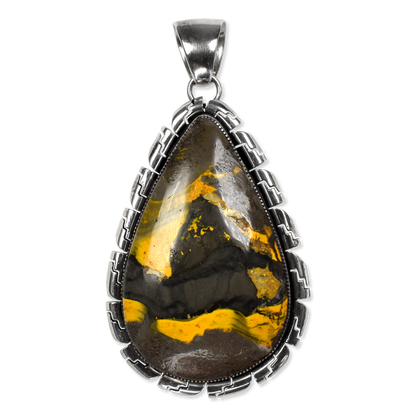 Bumblebee Jasper Teardrop Pendant with Geometric Tooled Silver Border