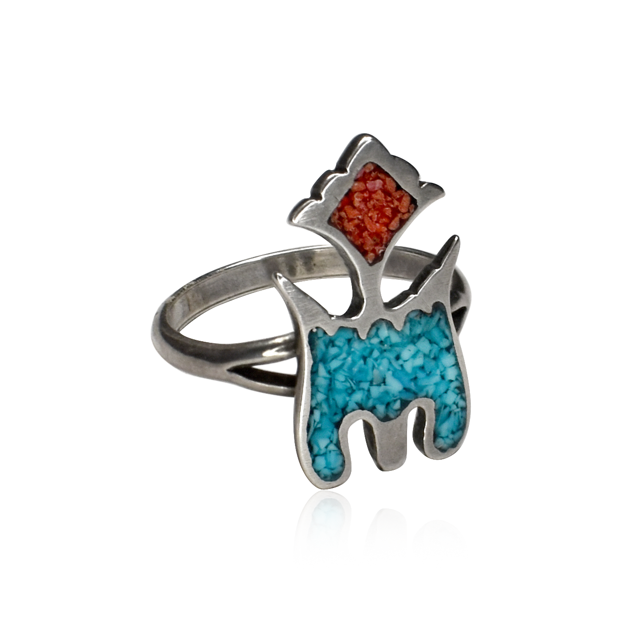 Vintage 1978 Ceremonial Eagle Indian Mountain Turquoise and Coral Chip Inlay Ring