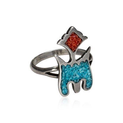 Vintage 1978 Ceremonial Eagle Indian Mountain Turquoise and Coral Chip Inlay Ring