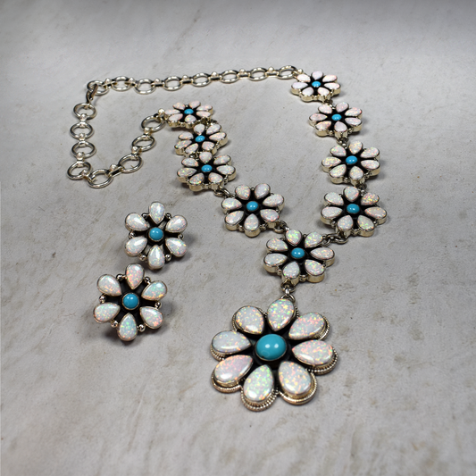 Zia Mountain Blooming White Opal & Sleeping Beauty Turquoise Necklace & Earring Set