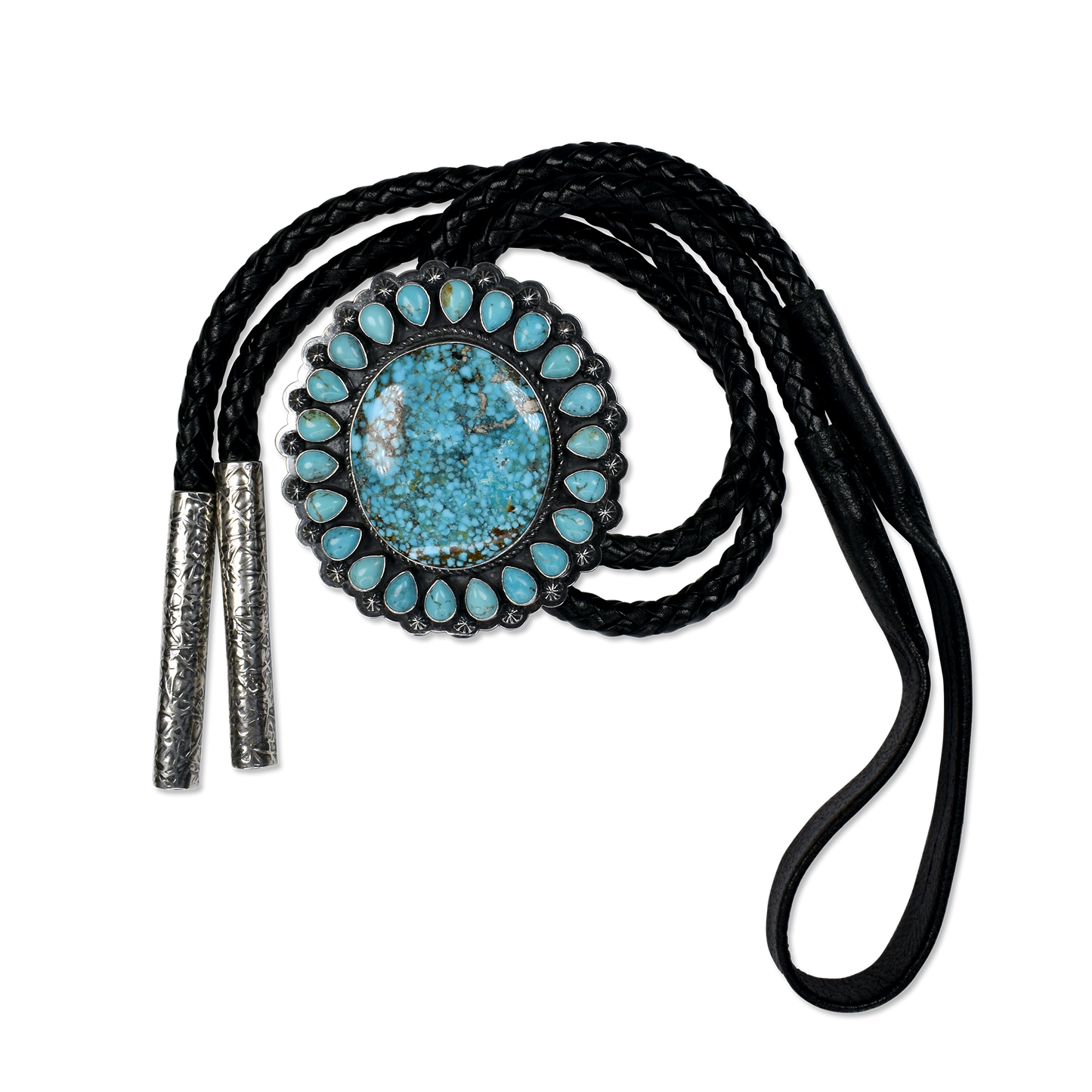 Round Kingman Turquoise Bolo with Teardrop Accent Stones by Travis Teller