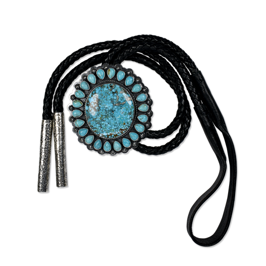 Round Kingman Turquoise Bolo with Teardrop Accent Stones by Travis Teller