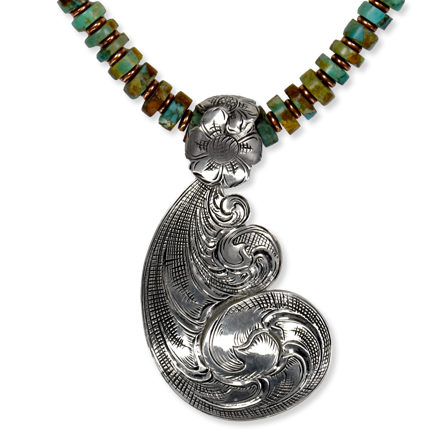Turquoise Heishi Bead Necklace with Scroll Cut Sterling Pendant by Tim Shatraw