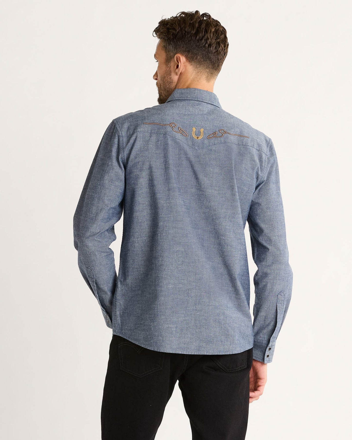 Pendleton Men's Rodeo Embroidered Chambray Gambler Shirt - Dark Blue/Rodeo