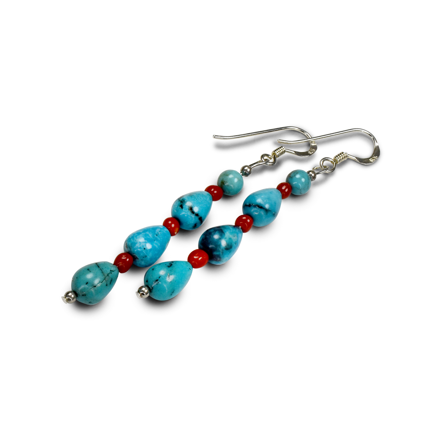Kingman Turquoise and Coral Multi Stone Drop Earrings by Teller Indian Jewelry