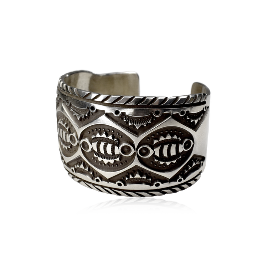 High Relief Overlay Silver Cuff by Jerrold Tahe