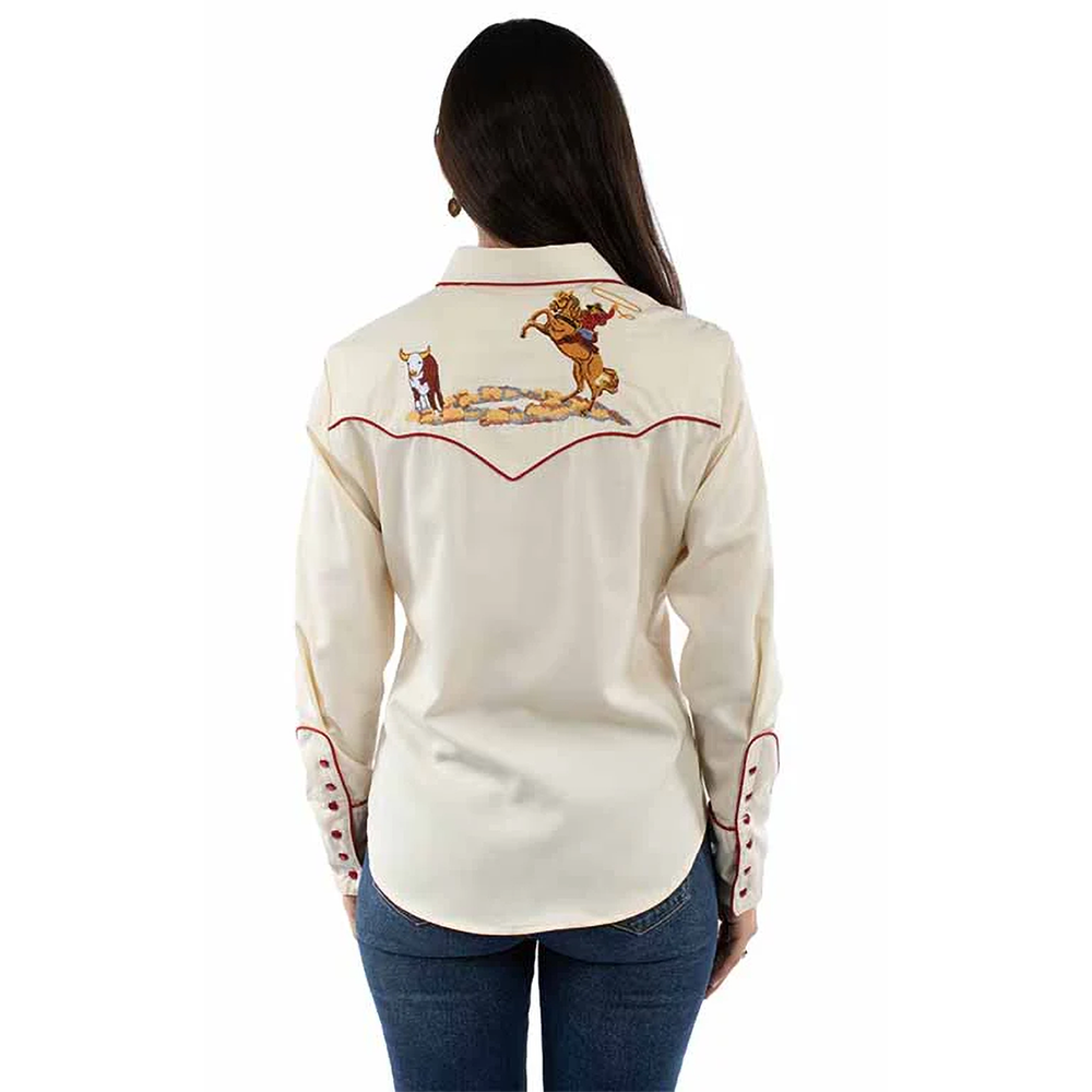 Women's Scully Cattle Roper Embroidered Pearl Snap Cream/Red