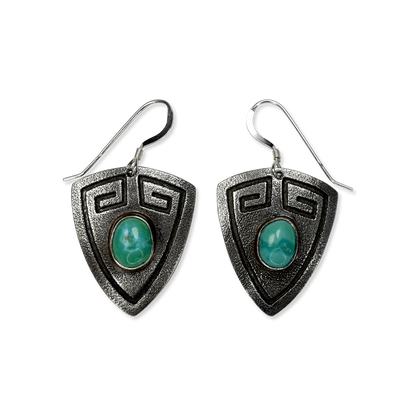 Stamped Shield Earrings with Kingman Turquoise Stone by Teller Indian Jewelry