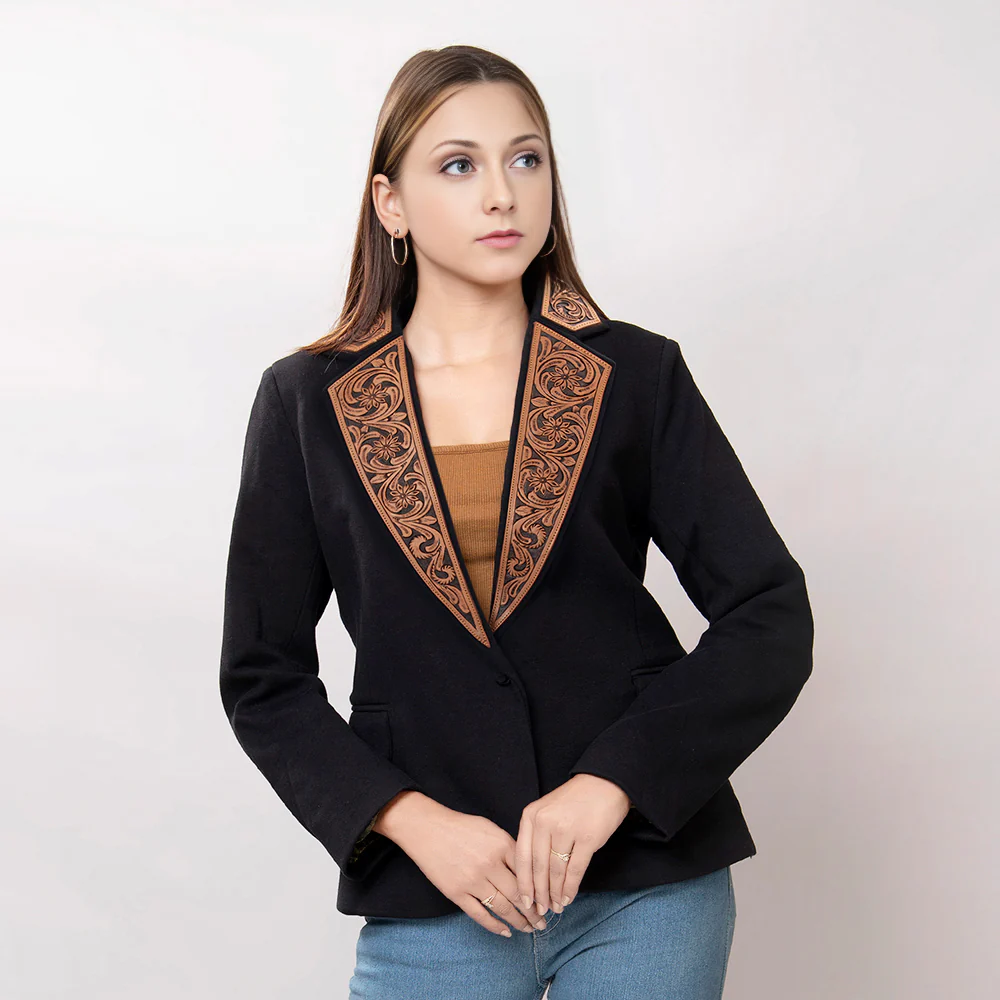 Women's Black Blazer with Tooled Leather Collar