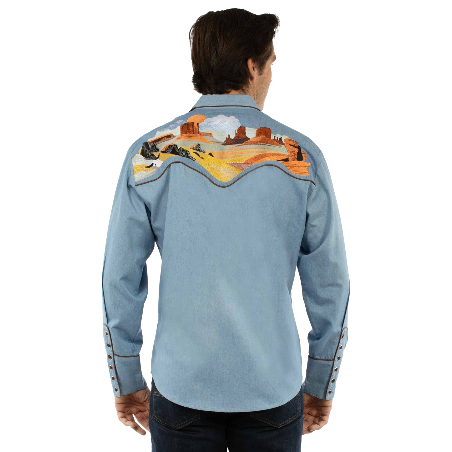 Men's Scully Buffalo Desert Embroidered Cotton Denim Pearl Snap Shirt