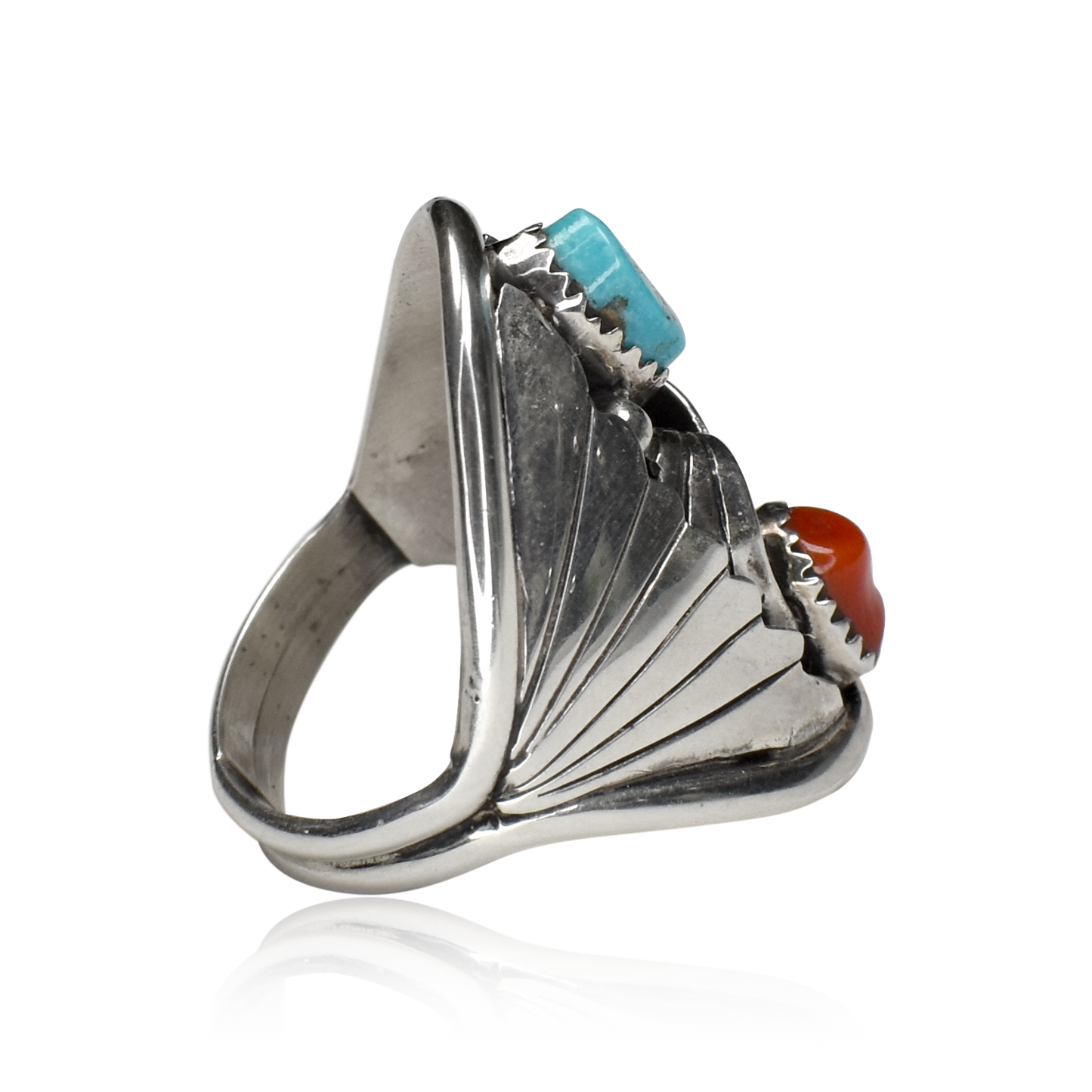 Southwest Harmony Vintage Turquoise and Coral Twin Stone Ring by Bernice Bonney