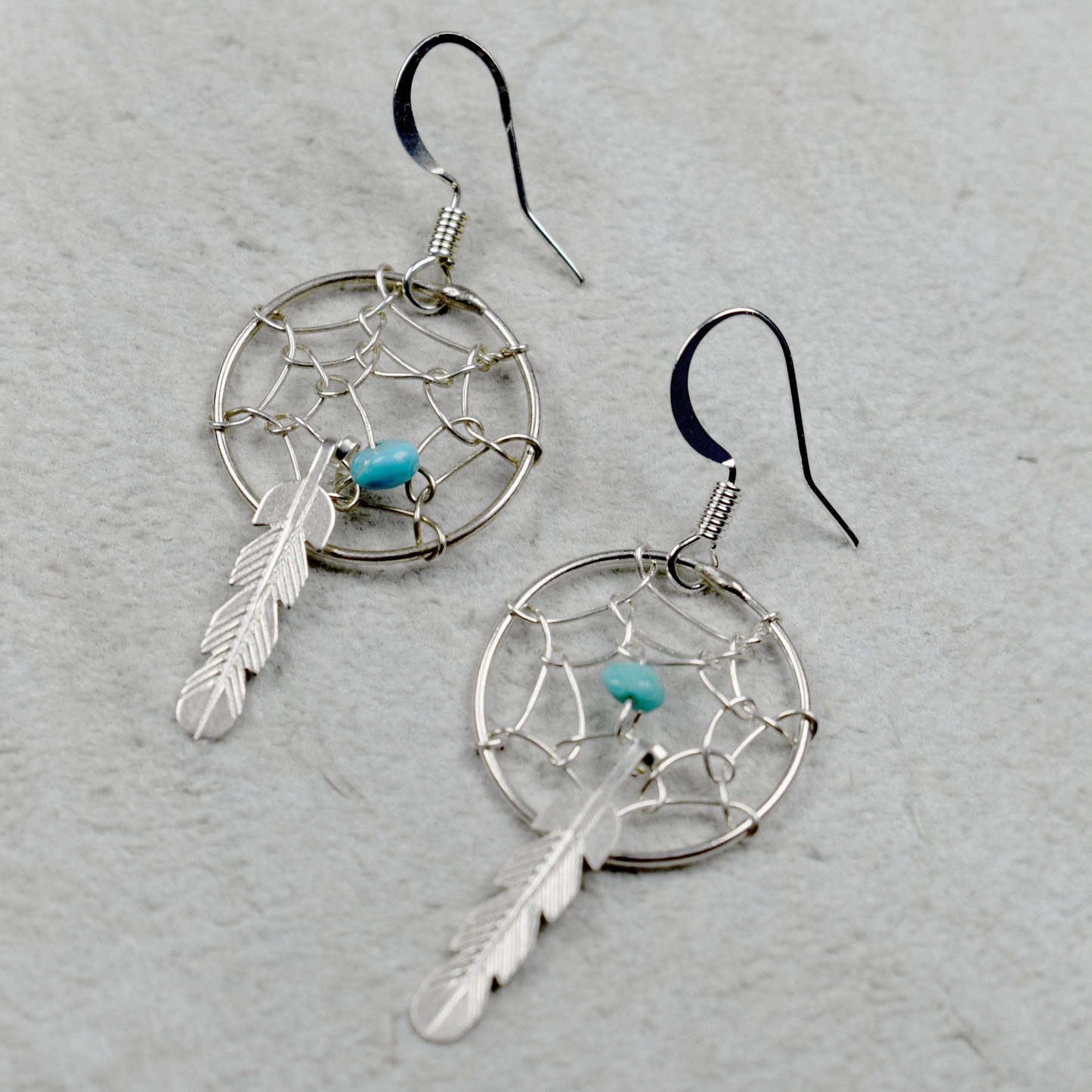 Wire Wrapped Turquoise Dreamcatcher Earrings with Spirit Feather by Lorenzo Arviso