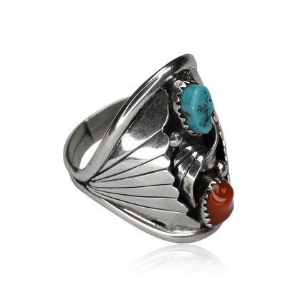 Southwest Harmony Vintage Turquoise and Coral Twin Stone Ring by Bernice Bonney