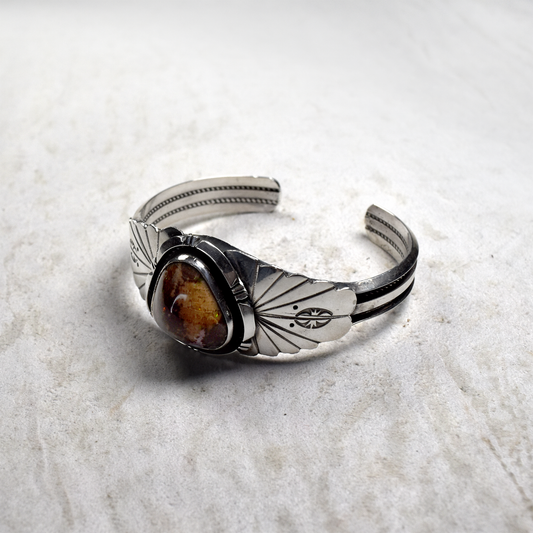 Triangular Nevada Fire Opal Cuff with Hand-Tooled Flourishes by Brenda Jimenez