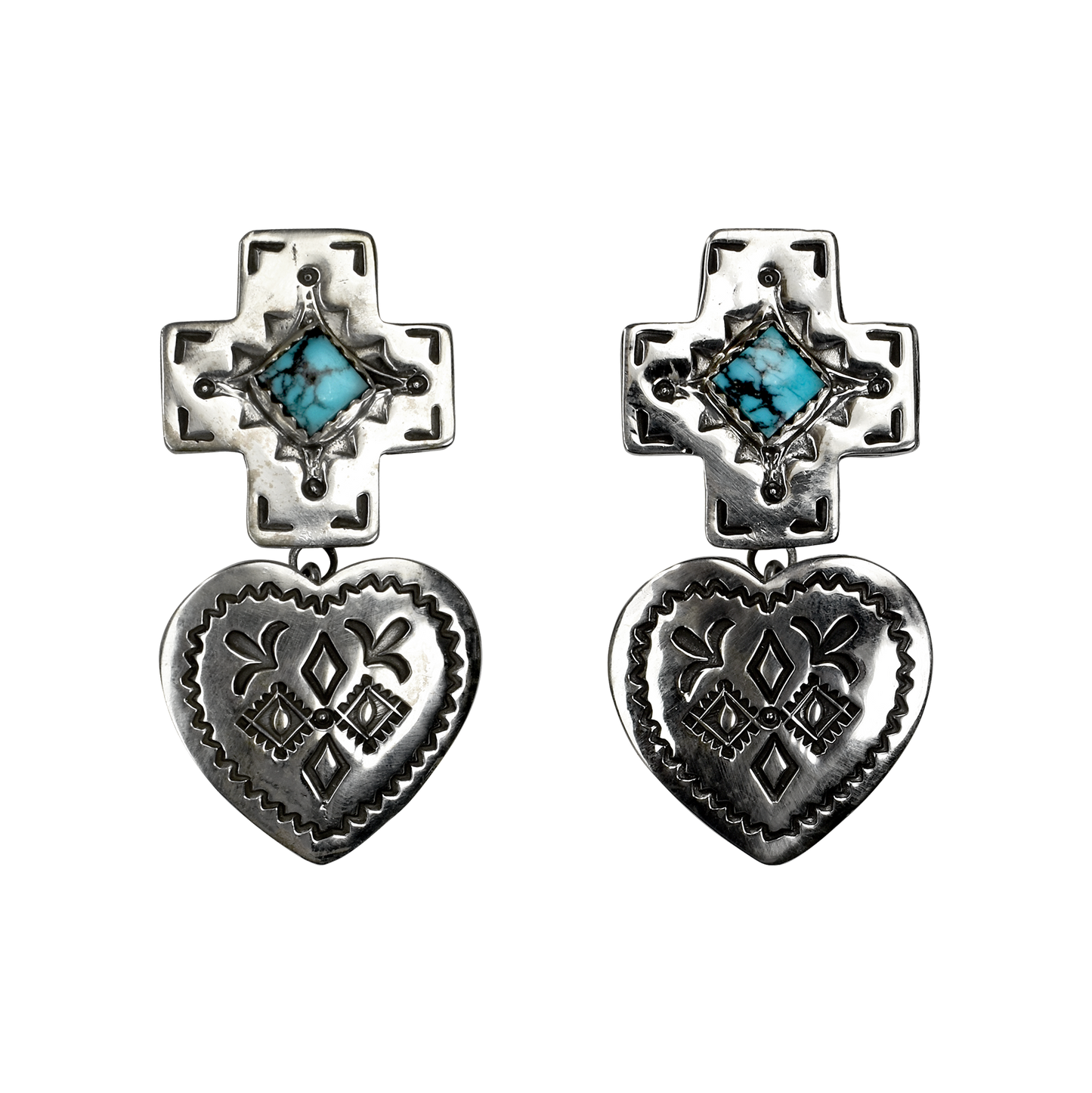 Kingman Turquoise Sacred Directions Heart Drop Earrings by Raymond Coriz