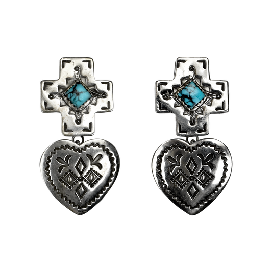 Kingman Turquoise Sacred Directions Heart Drop Earrings by Raymond Coriz
