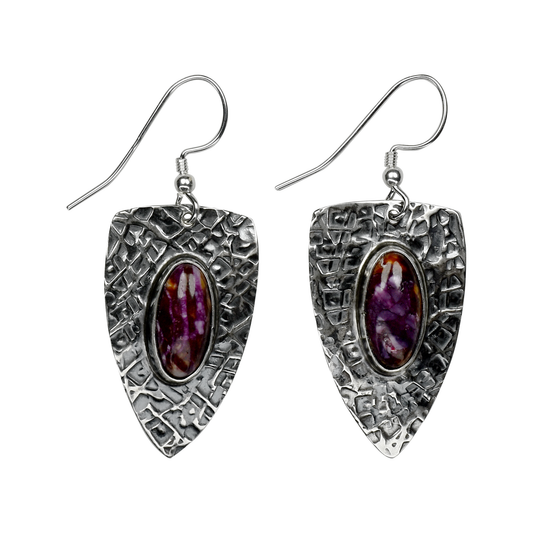 Purple Spiny Oyster Stamped Arrowhead Earrings by Teller Indian Jewelry