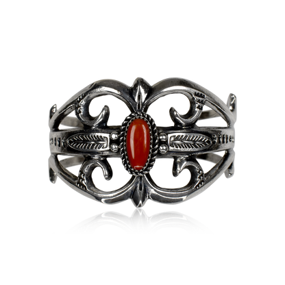 Tufa Cast Stamped Cuff with Red Coral by Eugene S. Mitchell
