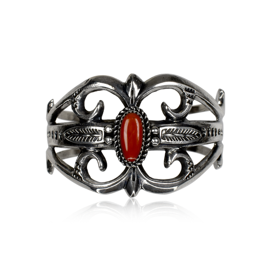 Tufa Cast Stamped Cuff with Red Coral by Eugene S. Mitchell