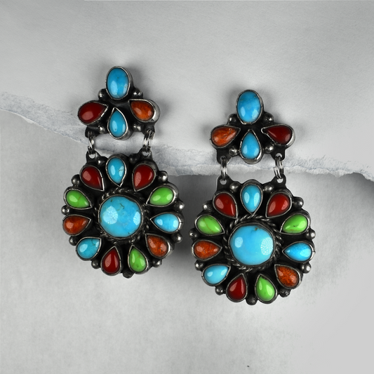 Blue Turquoise, Coral, Spiny Oyster, and Mojave Turquoise Circle of Life Earrings