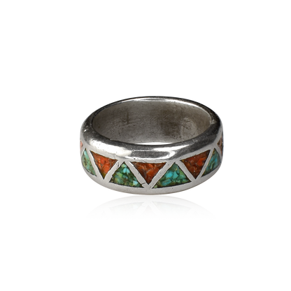 Vintage Turquoise and Coral Trianglular Chip Inlay Ring