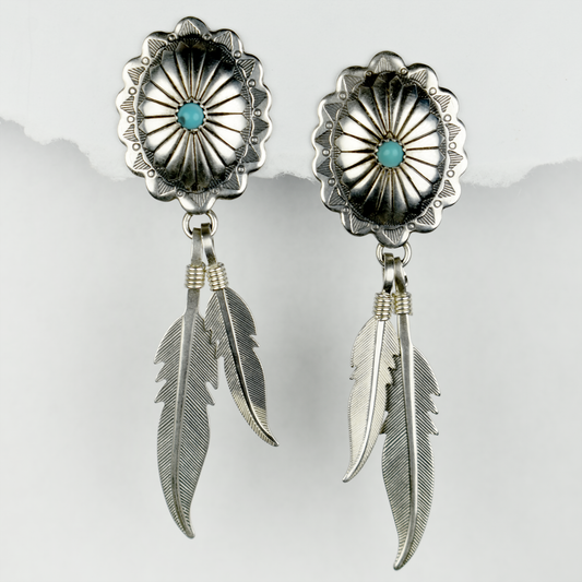 Concho Earrings with Feather Dangles & Sleeping Beauty Turquoise Inlay
