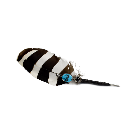 Hallett Peak African Hoopoe Feather Hat Pin with Sleeping Beauty Turquoise and Black Sapphire