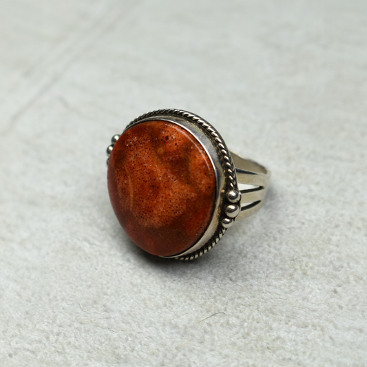 Circular Atlantic Coral Ring with Rope and Bead Setting by Ruth Ann Begay