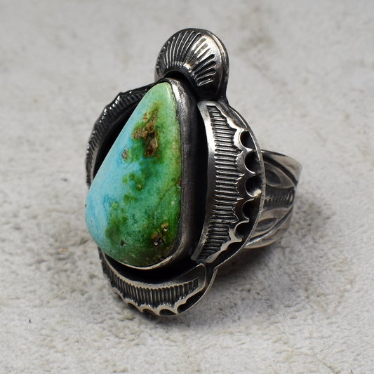 High Grade Sonoran Gold Turquoise Ring with Radial Tooling by Gilbert Nez