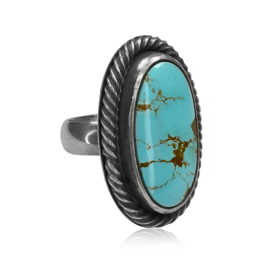 Number 8 Turquoise Oval Ring with Rope Border by Justin Biltonen