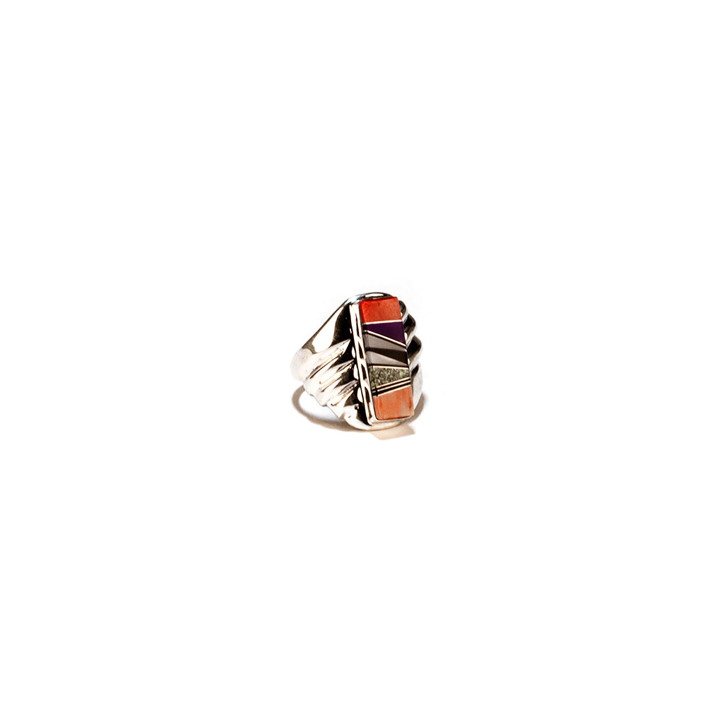 coral and onyx inlay ring zuni native american tribe artists sterling silver jewlery