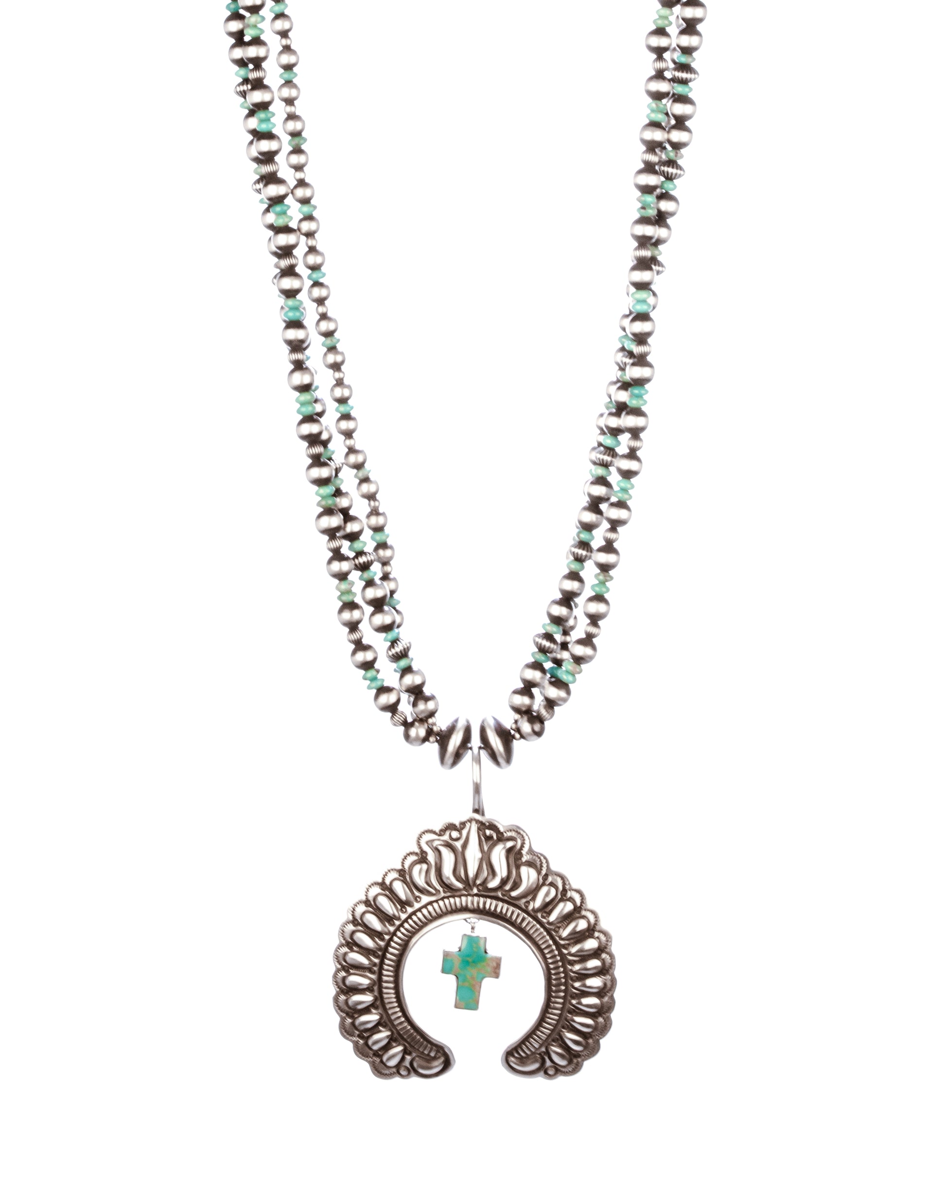 three strand necklace naja pendant crescent cross drop native american Navajo symbol