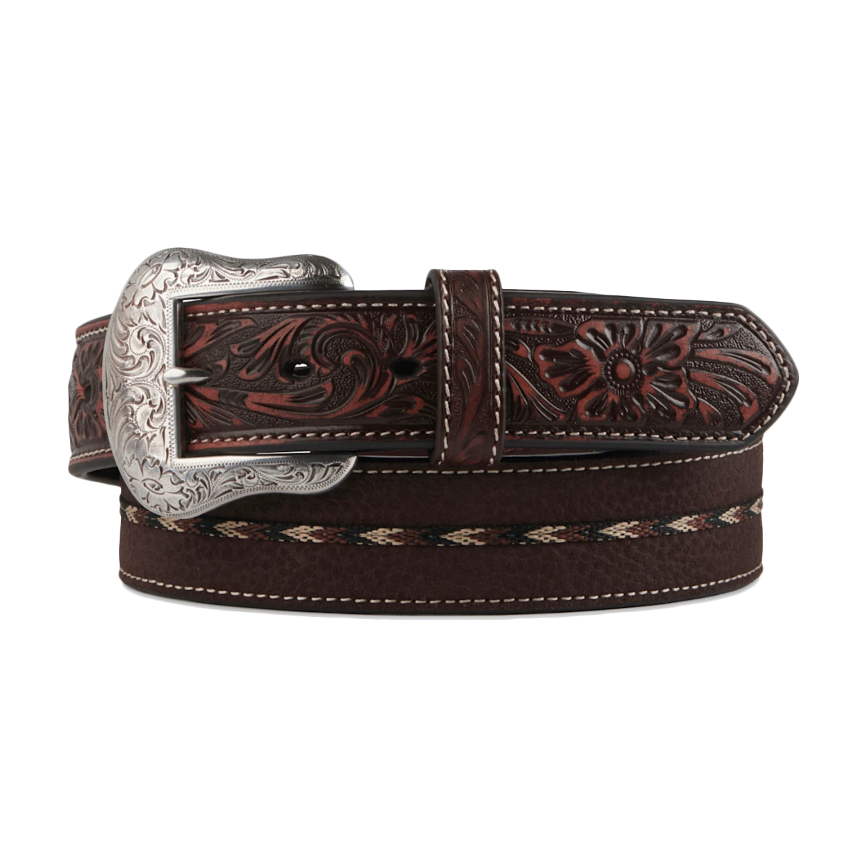 Ariat Men's Brown Western Belt with Braided Stripe and Tooled Tabs