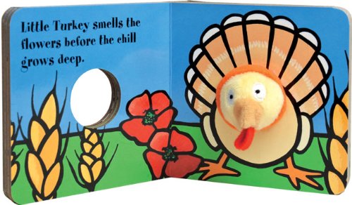 little turkey finger puppet book for children and parents to have interactive and fun reading with a plush peek-a-boo Thanksgiving friend and open pages