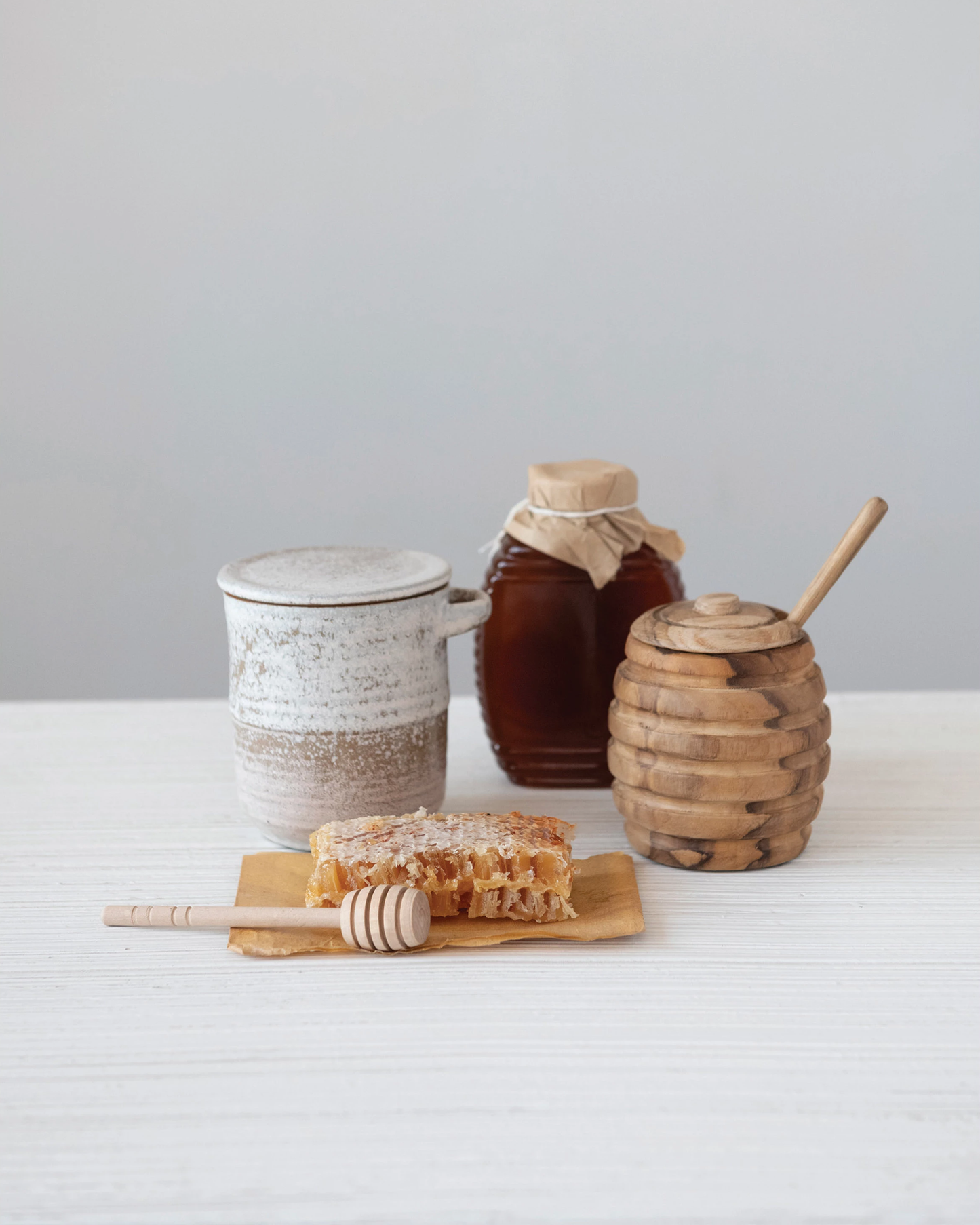 Carved Teak Honey Jar with Dipper