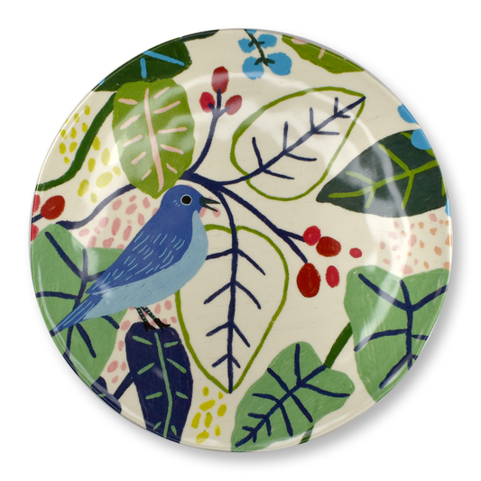 Bird and Foliage Melamine Plate, Blue