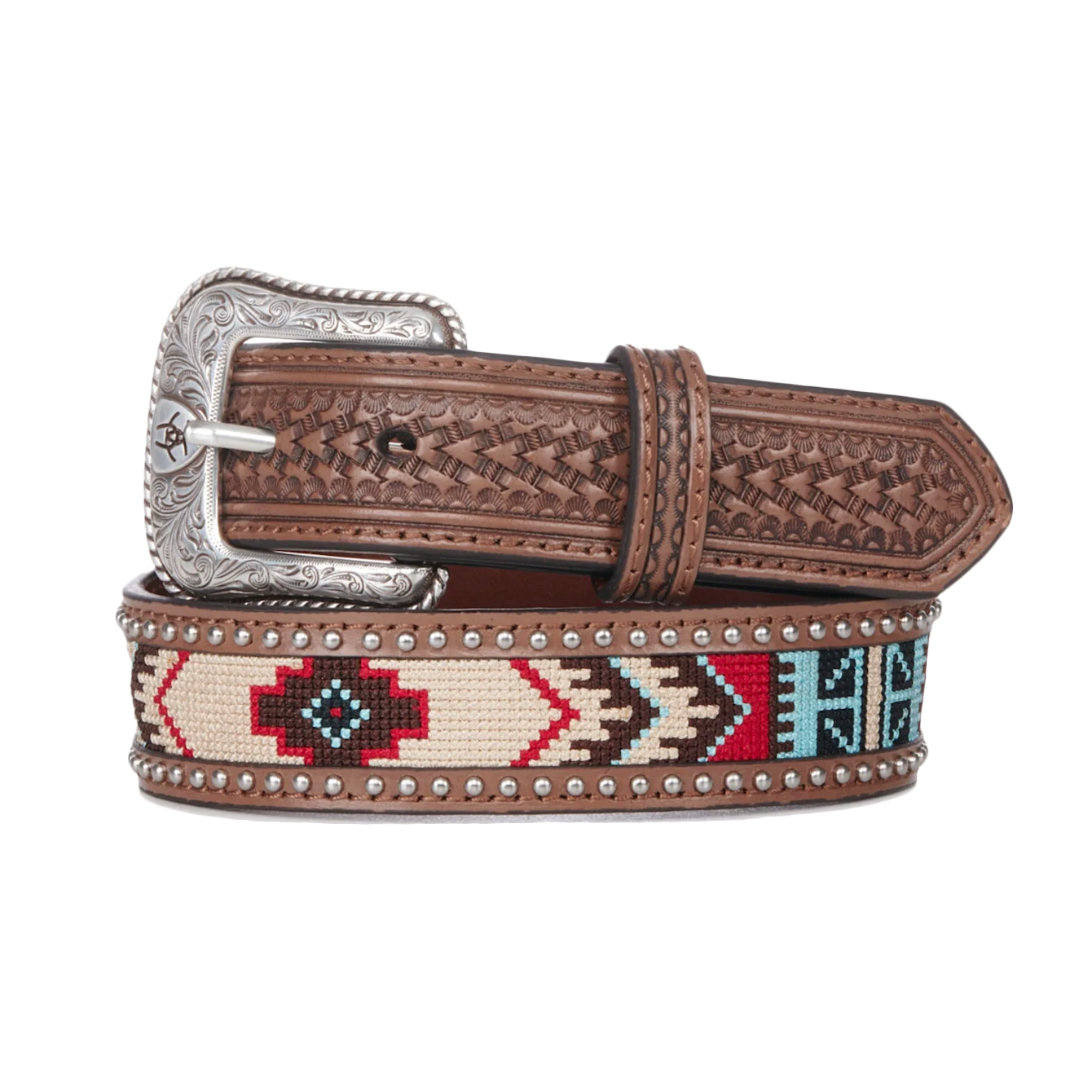 Ariat Men's Brown Basketweave Western Belt with Aztec Fabric and Studs