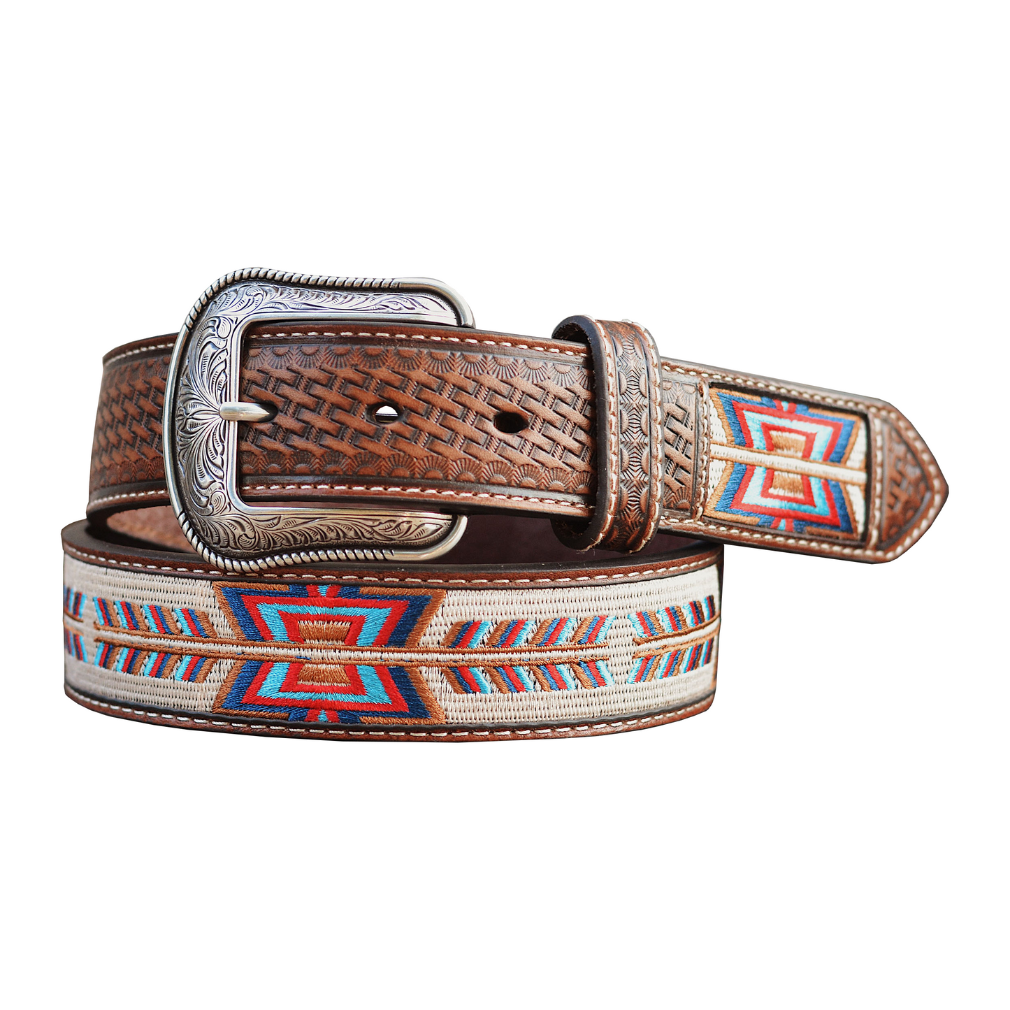 Men's Basketweave Leather Belt with Embroidered Arrows