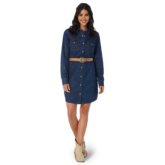 Wrangler Women's Long Sleeve Western Snap Denim Dress in Dark Denim