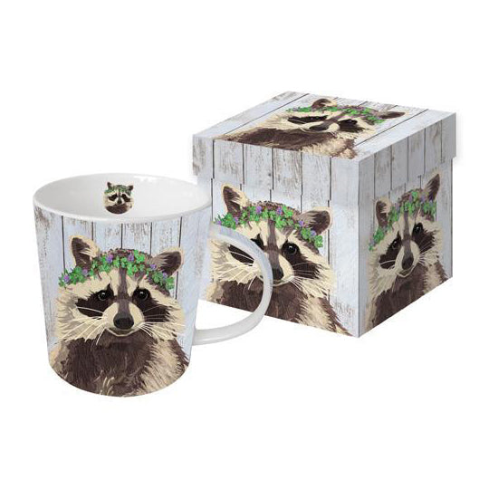 benjamin the raccoon mug with giftbox clover crown trash panda morning coffee or tea rustic animal